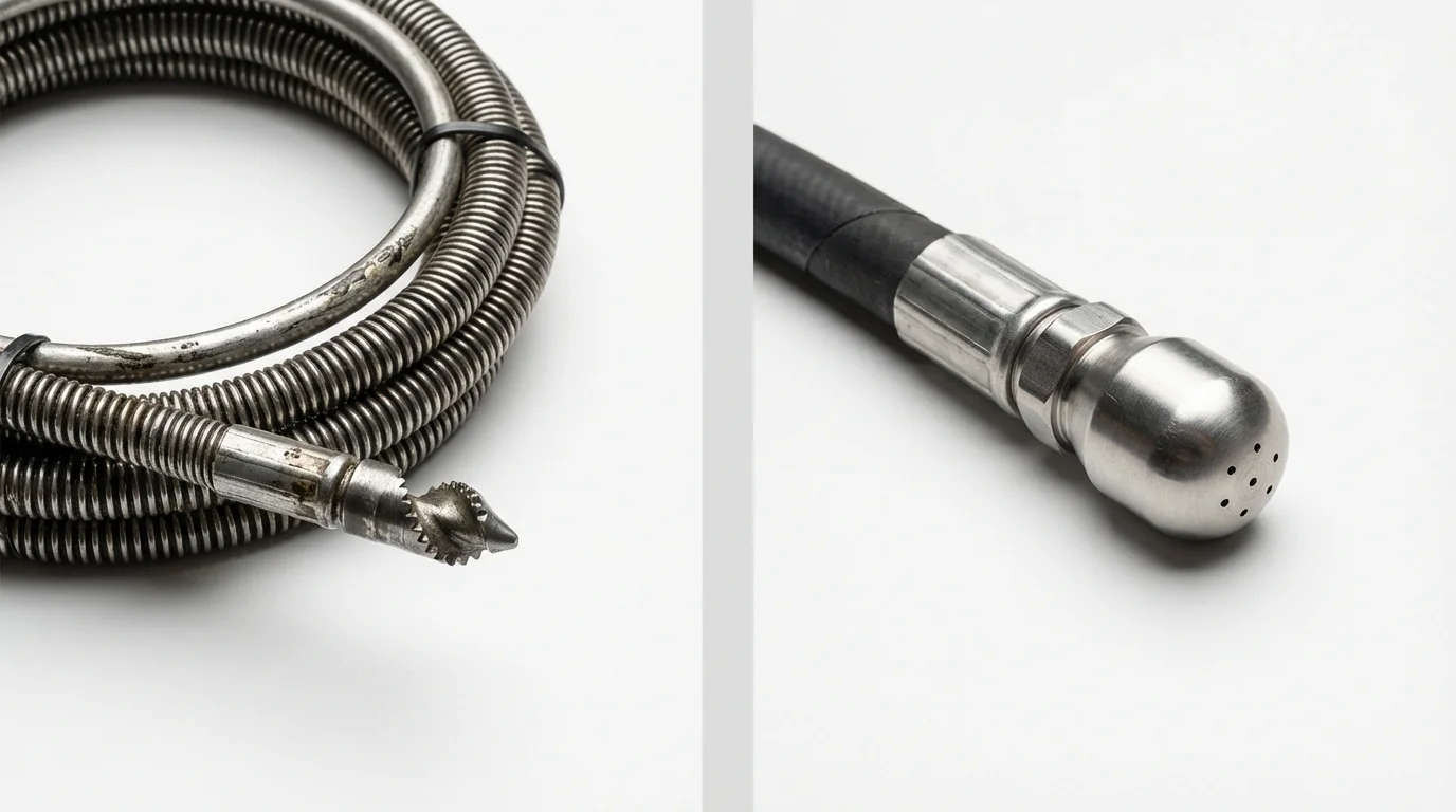 Drain snake cable and hydro jetting nozzle used for drain cleaning in Westwood, NJ