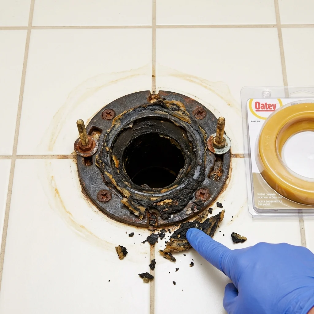 Failed wax ring showing water seepage at the base of a toilet in a Westwood, NJ home
