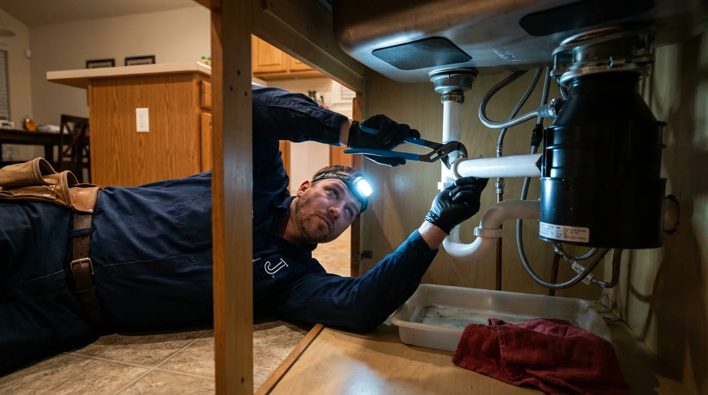 P-trap and supply line connections under a kitchen sink showing a common leak point in Westwood, NJ